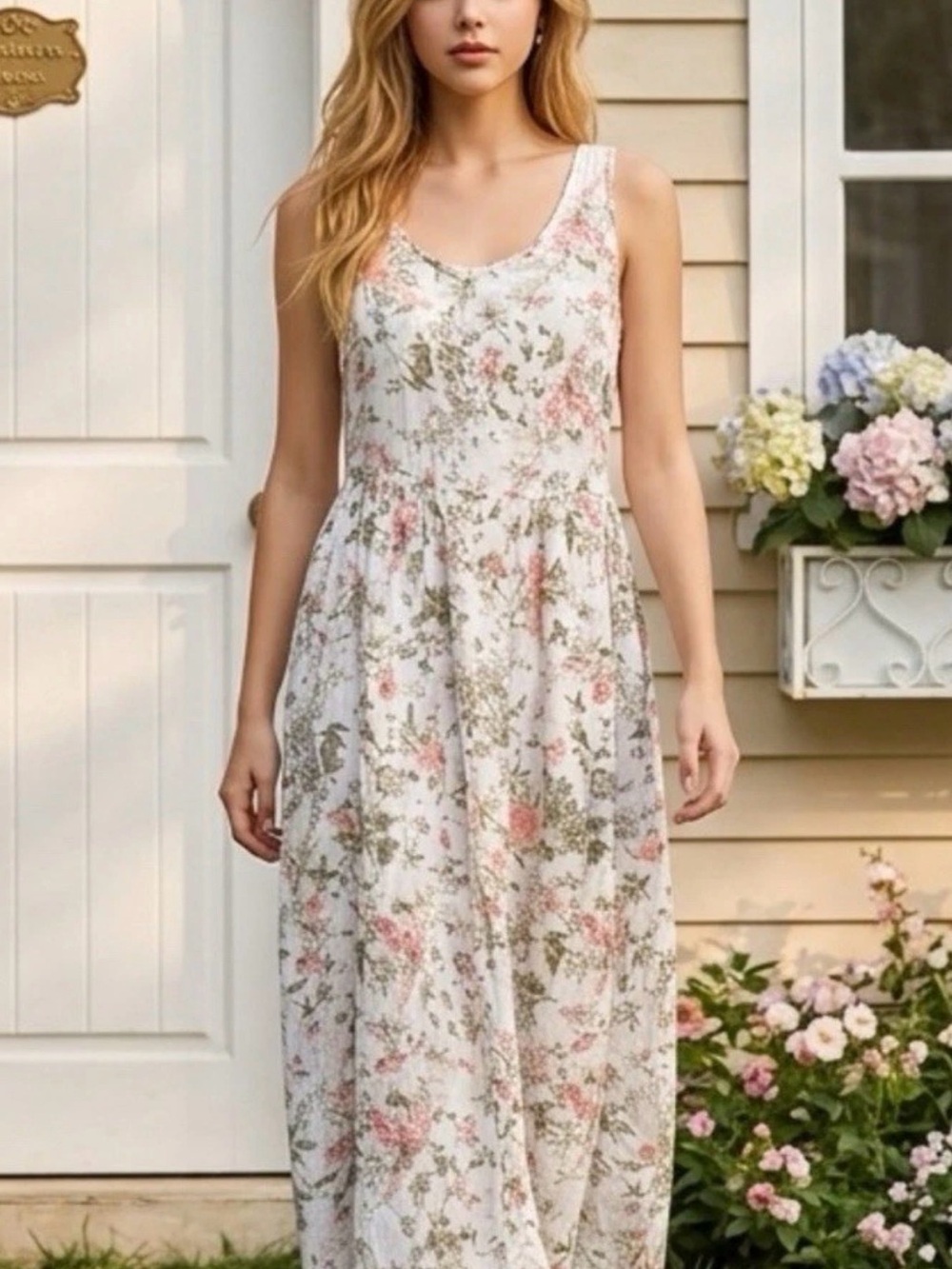 FRYE Ivory Maxi Dress with Pink Floral Print